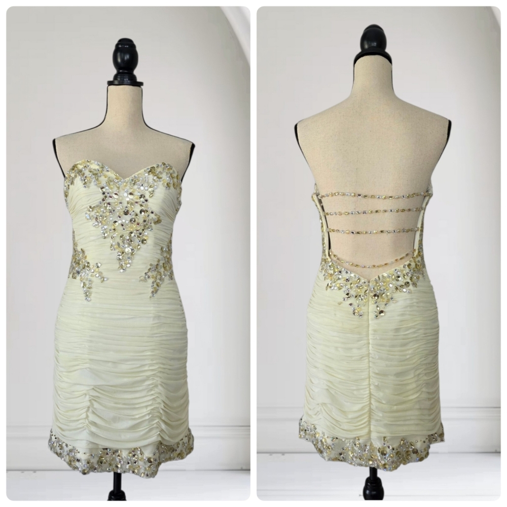 Alyce Paris Beaded Open Back Cream Strapless Homecoming Cream Dress Size 6